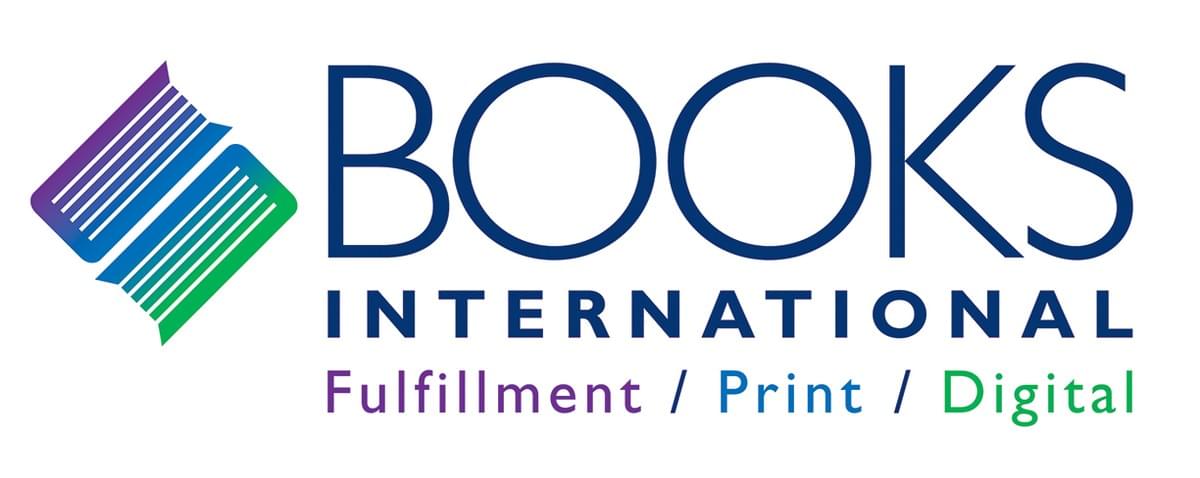 Stylized open book icon in gradient colors next to Books International in dark blue uppercase text Stylized open book icon in gradient colors next to Books International in dark blue uppercase text