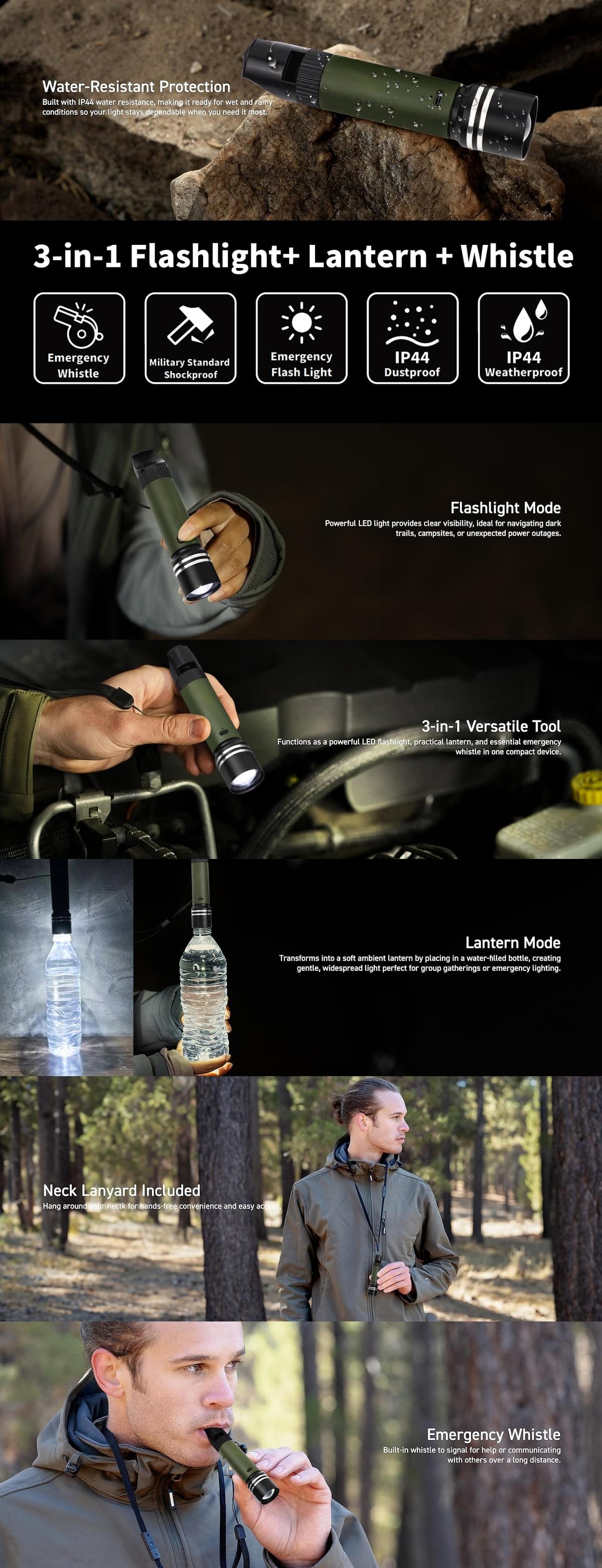 Emergency Flashlight Water Resistant with Survival Safety Whistle