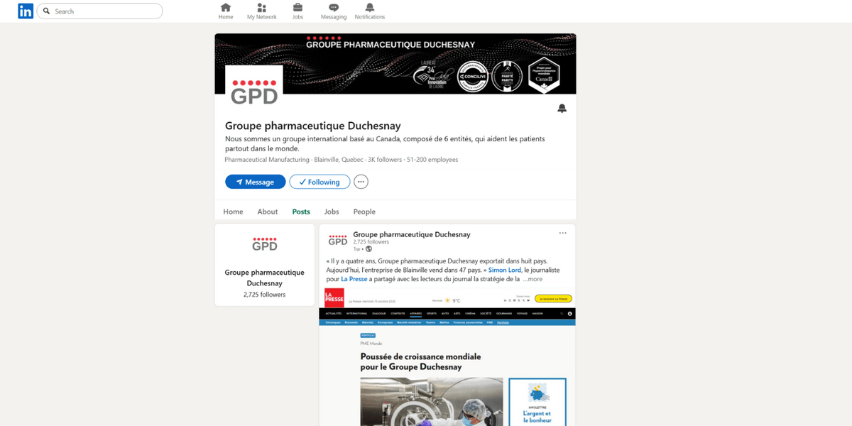 Une capture d’écran de la page LinkedIn du Groupe pharmaceutique Duchesnay, partageant une histoire à succès avec ses abonnés. Une capture d’écran de la page LinkedIn du Groupe pharmaceutique Duchesnay, partageant une histoire à succès avec ses abonnés.