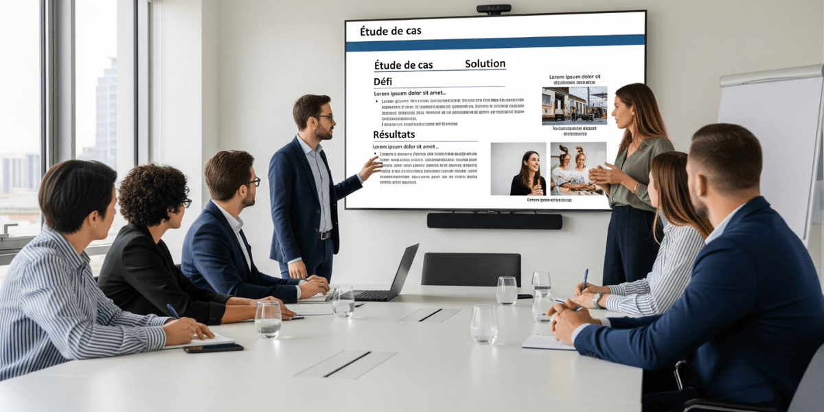 Équipe présentant une étude de cas en communication montrant une problématique, les solutions mises en œuvre et les résultats obtenus dans le cadre d'un mandat d'agence. Équipe présentant une étude de cas en communication montrant une problématique, les solutions mises en œuvre et les résultats obtenus dans le cadre d'un mandat d'agence.