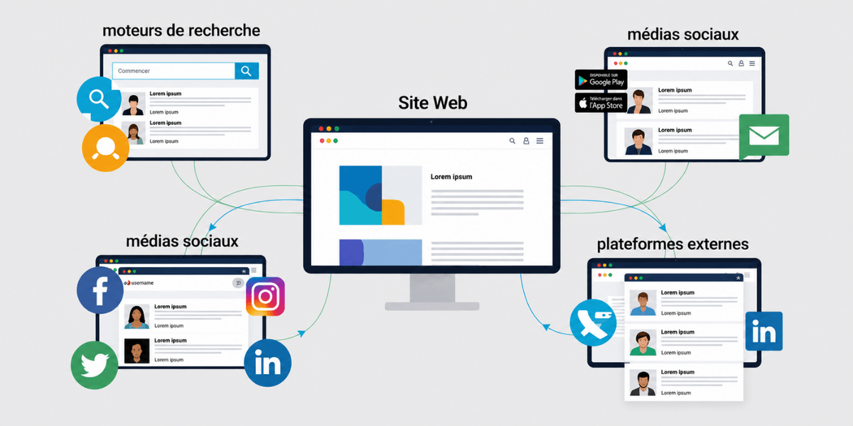 Illustration d'une stratégie de présence numérique reliant un site Web, les moteurs de recherche, les médias sociaux et les plateformes externes pour améliorer la visibilité en ligne. Illustration d'une stratégie de présence numérique reliant un site Web, les moteurs de recherche, les médias sociaux et les plateformes externes pour améliorer la visibilité en ligne.