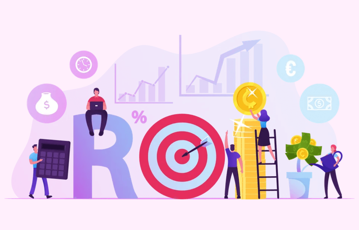 An illustration representing ROI (return on investment) using currency and financial symbols to illustrate a communication budget. An illustration representing ROI (return on investment) using currency and financial symbols to illustrate a communication budget.
