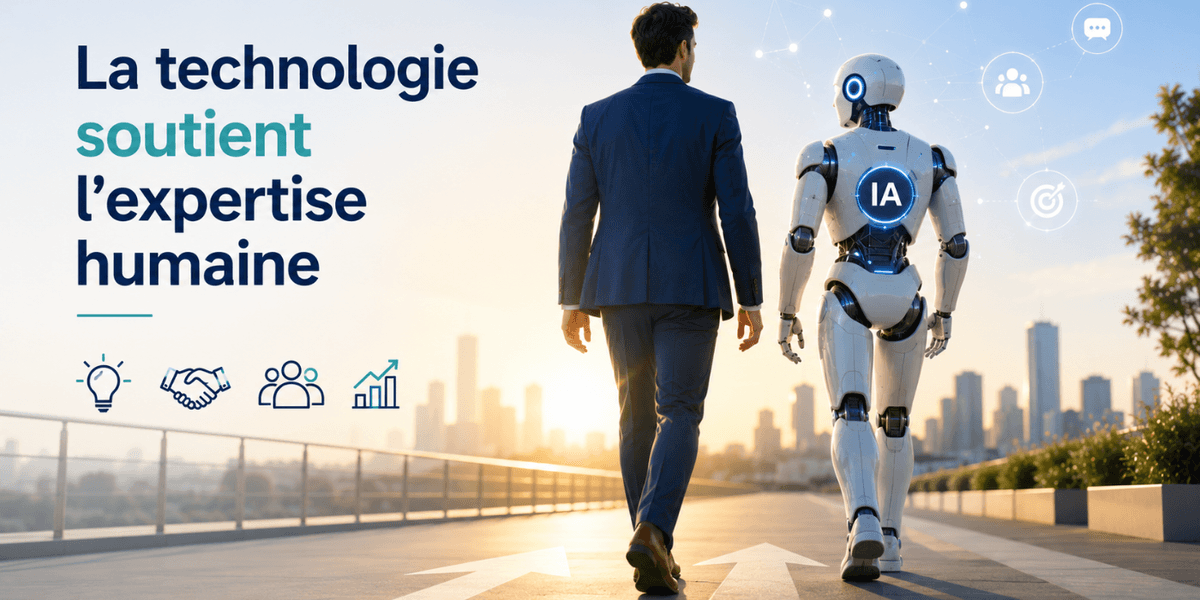 Vue de dos d’un homme d’affaires en costume et d’un robot humanoïde marchant côte à côte sur un chemin fléché vers une ville moderne au coucher du soleil. Le texte « La technologie soutient l’expertise humaine » est inscrit à gauche. Vue de dos d’un homme d’affaires en costume et d’un robot humanoïde marchant côte à côte sur un chemin fléché vers une ville moderne au coucher du soleil. Le texte « La technologie soutient l’expertise humaine » est inscrit à gauche.