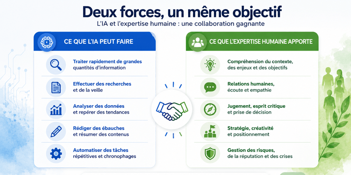 Infographie intitulée « Deux forces, un même objectif ». À gauche, une section bleue énumère les capacités de l’IA : analyse de données, automatisation. À droite, une section verte énumère les apports humains (relations humaines, jugement, stratégie). Une poignée de main unit les deux côtés au centre. Infographie intitulée « Deux forces, un même objectif ». À gauche, une section bleue énumère les capacités de l’IA : analyse de données, automatisation. À droite, une section verte énumère les apports humains (relations humaines, jugement, stratégie). Une poignée de main unit les deux côtés au centre.