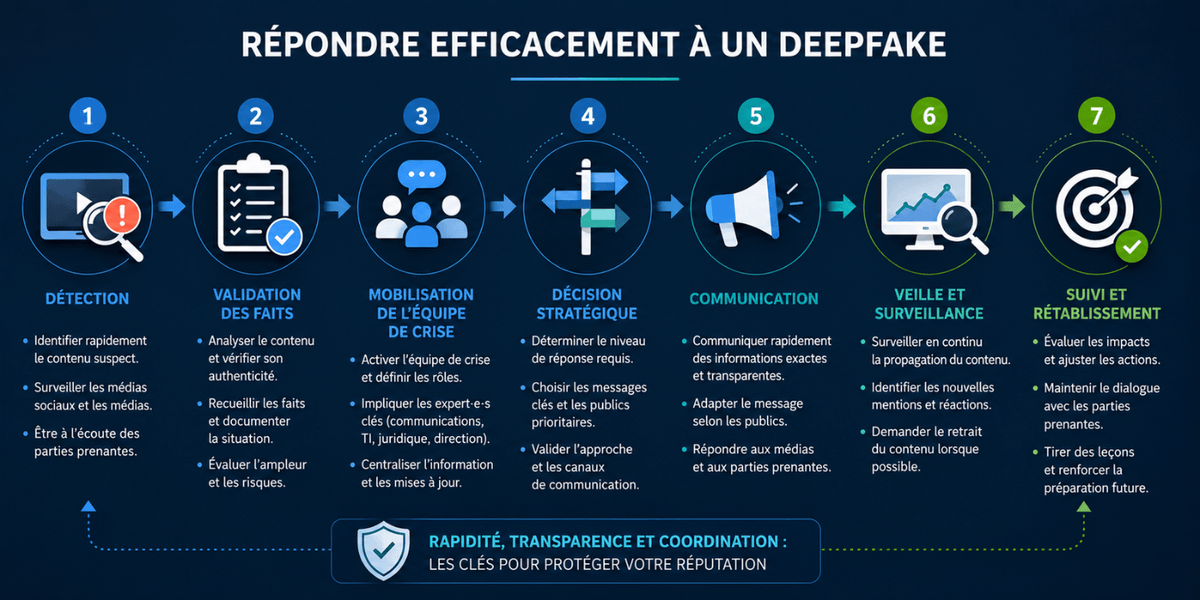 Schéma en 7 étapes pour répondre à un deepfake : détection, validation des faits, mobilisation de l'équipe de crise, décision stratégique, communication, veille et surveillance, suivi et rétablissement. Schéma en 7 étapes pour répondre à un deepfake : détection, validation des faits, mobilisation de l'équipe de crise, décision stratégique, communication, veille et surveillance, suivi et rétablissement.