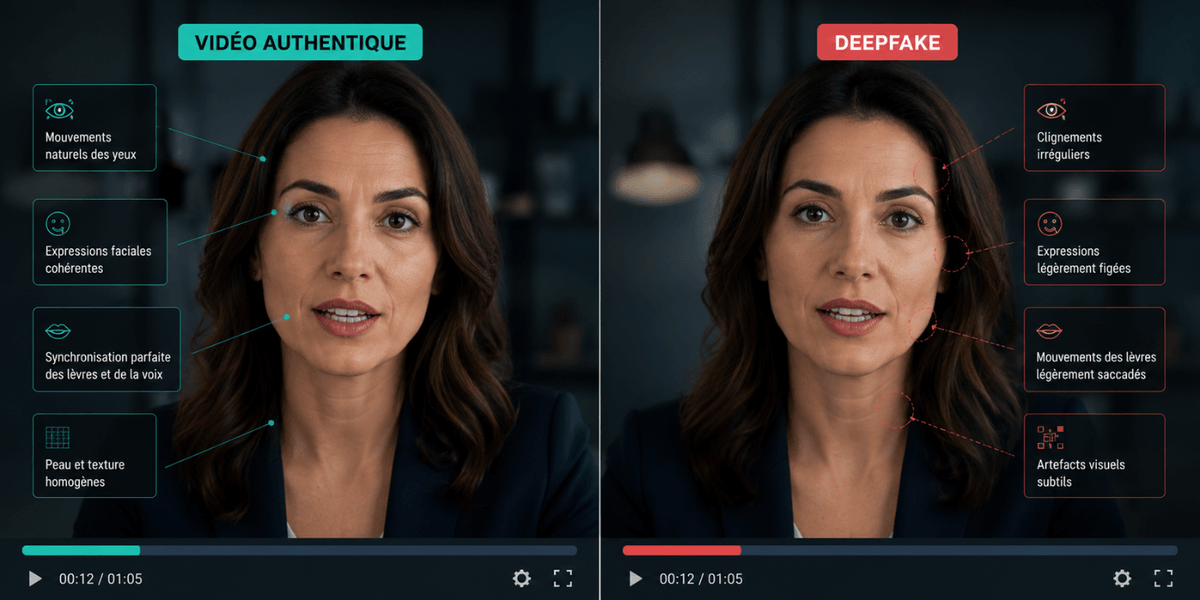 Comparaison côte à côte d'une vidéo authentique et d'un deepfake d'une femme, mettant en évidence les indices de détection : clignements irréguliers, expressions figées, désynchronisation labiale et artefacts visuels subtils. Comparaison côte à côte d'une vidéo authentique et d'un deepfake d'une femme, mettant en évidence les indices de détection : clignements irréguliers, expressions figées, désynchronisation labiale et artefacts visuels subtils.