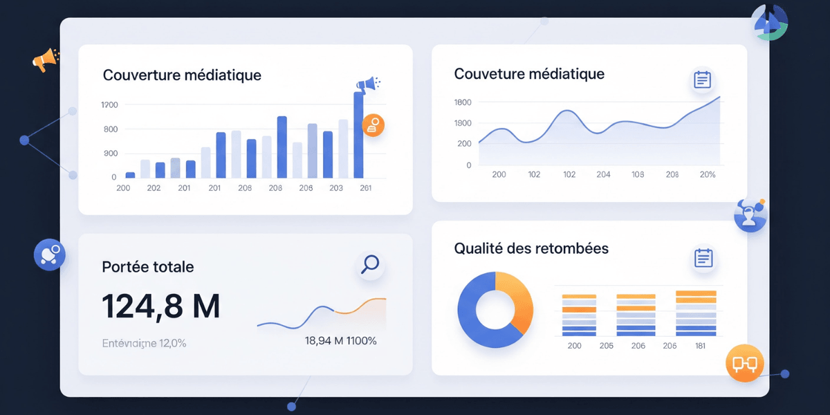 Tableau de bord présentant les indicateurs d'un rapport de couverture médiatique en relations publiques, incluant la portée, la qualité des retombées et la performance d'une campagne. Tableau de bord présentant les indicateurs d'un rapport de couverture médiatique en relations publiques, incluant la portée, la qualité des retombées et la performance d'une campagne.