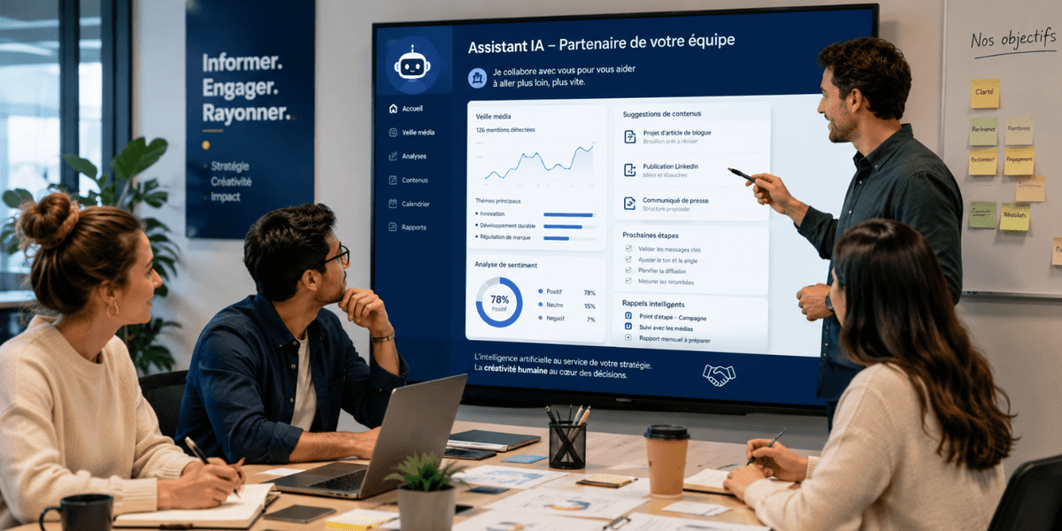 Une équipe de quatre professionnel·le·s en réunion autour d’un grand écran affichant l’interface d’un assistant IA. Un homme pointe du doigt les suggestions de contenu et les graphiques d’analyse de données à l’écran, tandis que ses collègues l’écoutent attentivement. Une équipe de quatre professionnel·le·s en réunion autour d’un grand écran affichant l’interface d’un assistant IA. Un homme pointe du doigt les suggestions de contenu et les graphiques d’analyse de données à l’écran, tandis que ses collègues l’écoutent attentivement.