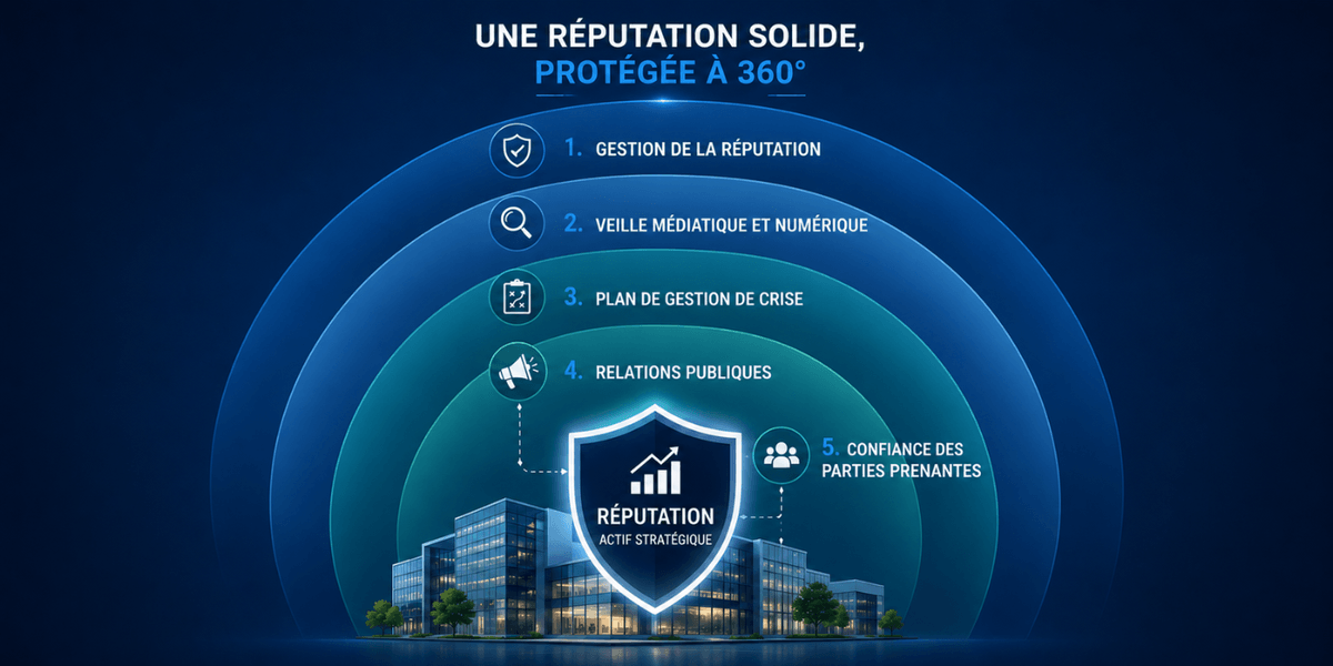 Infographie illustrant les 5 piliers de la protection de la réputation à 360° : gestion de la réputation, veille médiatique et numérique, plan de gestion de crise, relations publiques et confiance des parties prenantes, autour d'un bâtiment d'entreprise protégé par un bouclier. Infographie illustrant les 5 piliers de la protection de la réputation à 360° : gestion de la réputation, veille médiatique et numérique, plan de gestion de crise, relations publiques et confiance des parties prenantes, autour d'un bâtiment d'entreprise protégé par un bouclier.