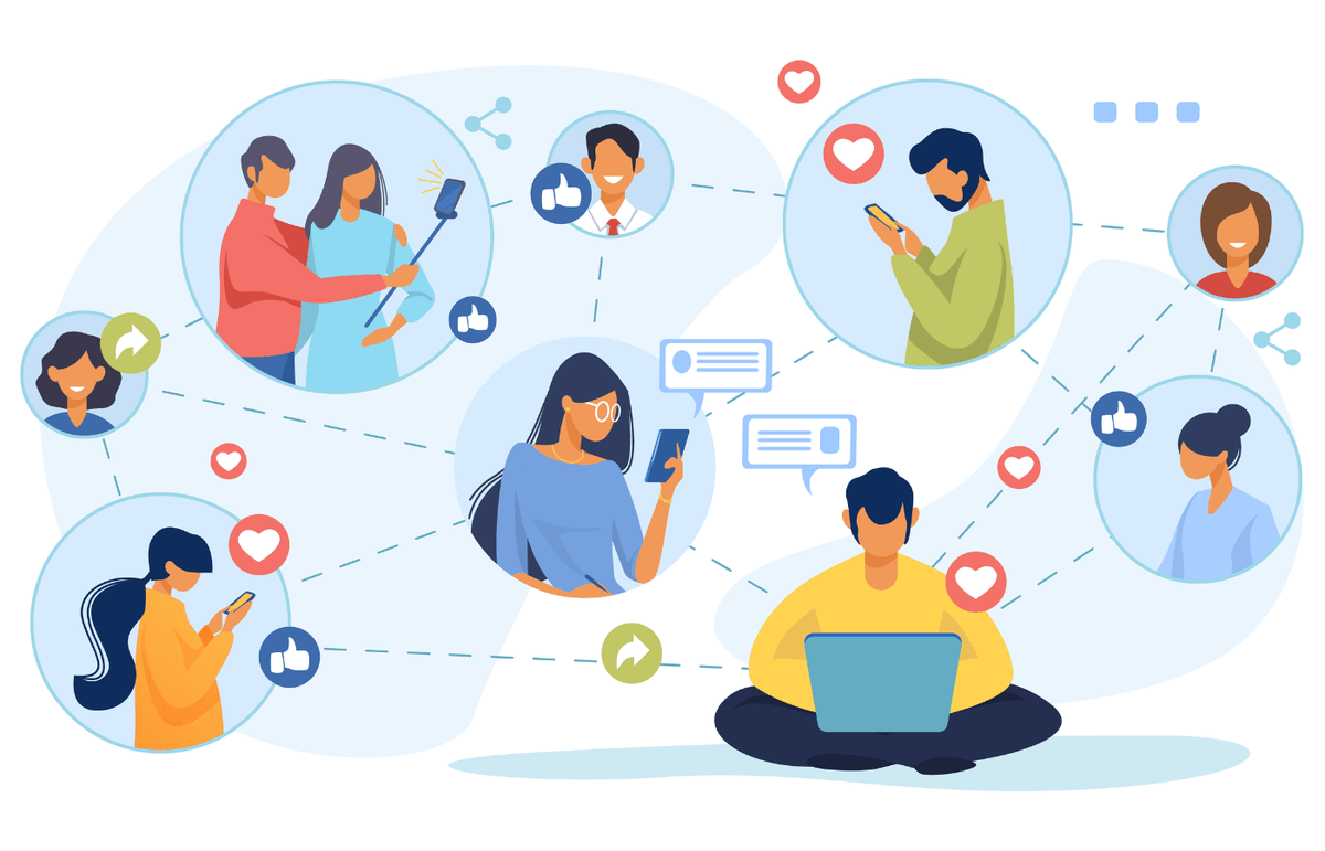 An illustration of people browsing social media on a computer and smartphone, highlighting brand mentions and brand awareness. An illustration of people browsing social media on a computer and smartphone, highlighting brand mentions and brand awareness.