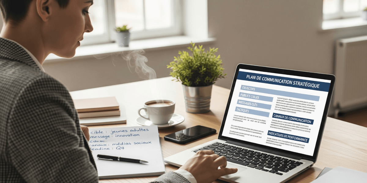 Professionnelle élaborant un plan de communication stratégique sur ordinateur portable, incluant les objectifs, les publics cibles, les messages clés et les canaux de diffusion. Professionnelle élaborant un plan de communication stratégique sur ordinateur portable, incluant les objectifs, les publics cibles, les messages clés et les canaux de diffusion.