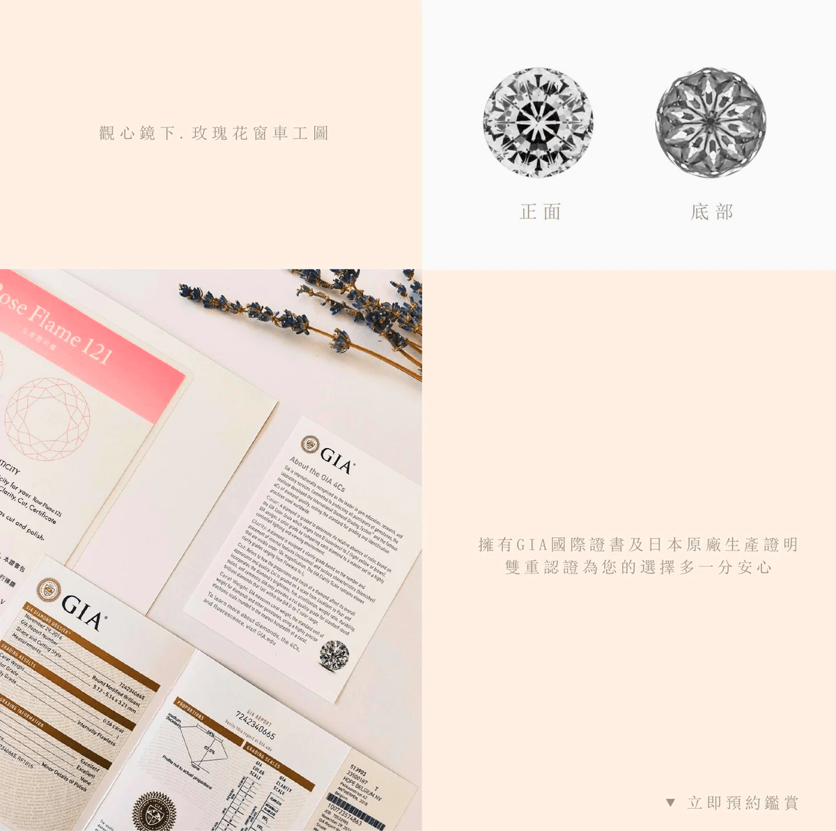 聖殿玫瑰鑽石擁有GIA證書以及日本原廠證書,雙重認證 聖殿玫瑰鑽石擁有GIA證書以及日本原廠證書,雙重認證