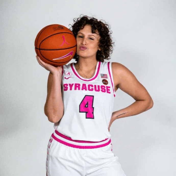 Tiana poses with ball in pink Syracuse jersery Tiana poses with ball in pink Syracuse jersery