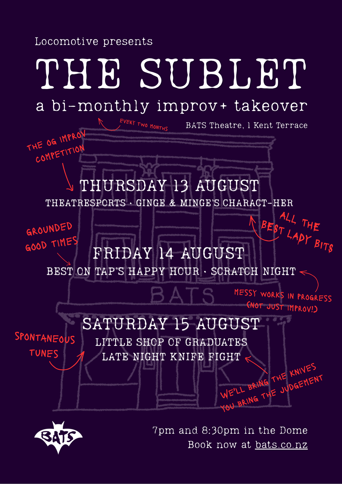 Sublet poster - text over a hand-drawn picture of BATS Theatre. Text is duplicated below. Sublet poster - text over a hand-drawn picture of BATS Theatre. Text is duplicated below.