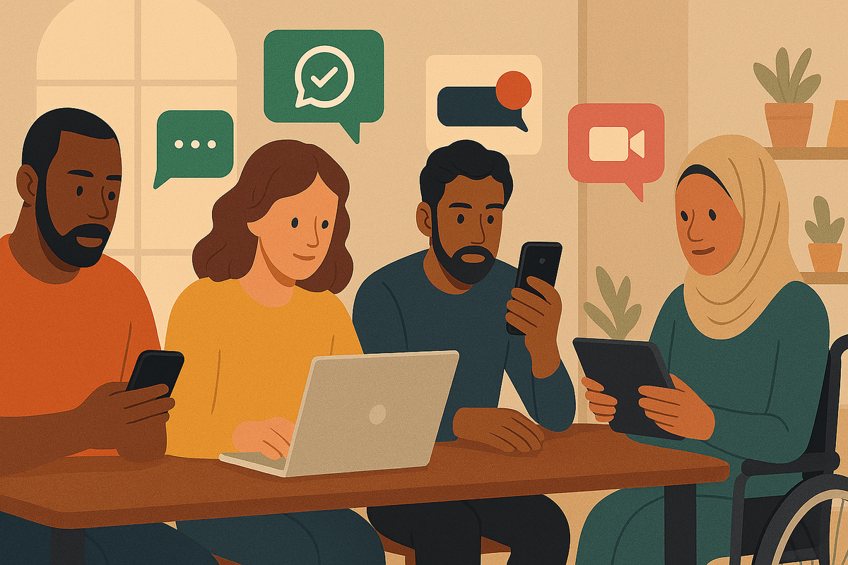 Four gender-neutral, ethnically diverse people sit around a wooden table using a laptop, smartphones, and a tablet. One person is in a wheelchair. Speech bubbles above them show different communication apps, symbolising modern, multi-channel communication. Four gender-neutral, ethnically diverse people sit around a wooden table using a laptop, smartphones, and a tablet. One person is in a wheelchair. Speech bubbles above them show different communication apps, symbolising modern, multi-channel communication.