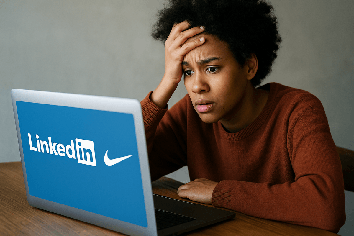 **Alt text:** An androgynous person with medium brown skin sits at a wooden desk, looking worriedly at a laptop screen displaying the LinkedIn and Nike logos. They rest one hand on their forehead, realising they may have been scammed, in a softly lit modern home setting. **Alt text:** An androgynous person with medium brown skin sits at a wooden desk, looking worriedly at a laptop screen displaying the LinkedIn and Nike logos. They rest one hand on their forehead, realising they may have been scammed, in a softly lit modern home setting.