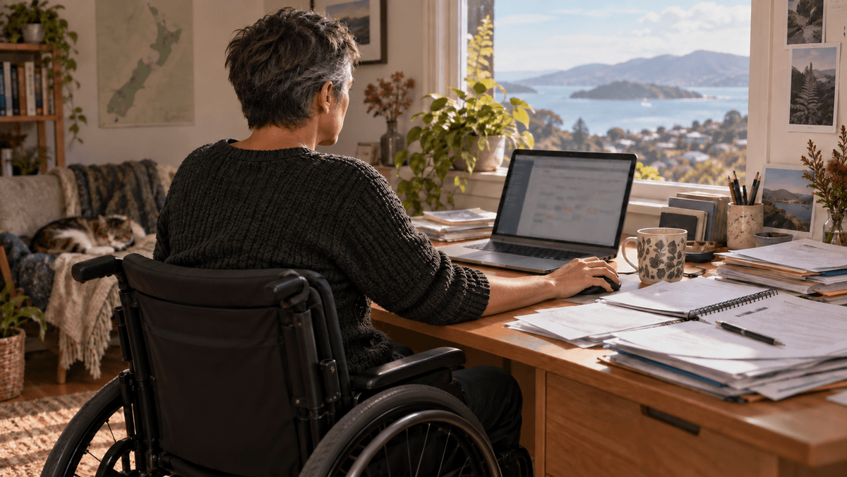 A wheelchair user at a home desk uses a computer mouse with their right hand, surrounded by forms and appointment paperwork. A wheelchair user at a home desk uses a computer mouse with their right hand, surrounded by forms and appointment paperwork.