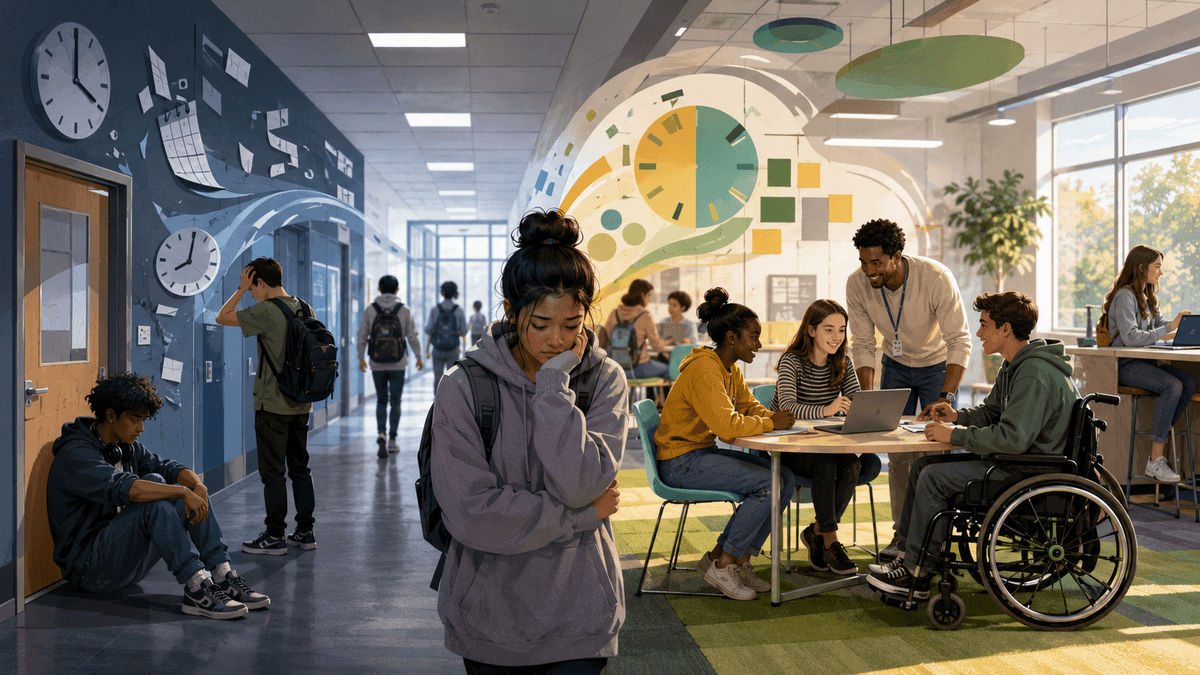 A split-view illustration of a modern school showing the mixed effects of alternative schedules: on the left, students appear isolated and stressed in a cool-toned hallway with clocks and scattered timetable imagery; on the right, diverse students, including a wheelchair user, work together with a supportive teacher in a bright, flexible learning space. A split-view illustration of a modern school showing the mixed effects of alternative schedules: on the left, students appear isolated and stressed in a cool-toned hallway with clocks and scattered timetable imagery; on the right, diverse students, including a wheelchair user, work together with a supportive teacher in a bright, flexible learning space.