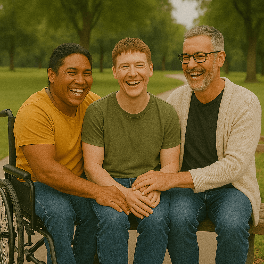 Three friends, including a man in a wheelchair, sit together in a sunny park laughing. They are diverse in age, skin tone, and style, showing warmth and connection. Three friends, including a man in a wheelchair, sit together in a sunny park laughing. They are diverse in age, skin tone, and style, showing warmth and connection.