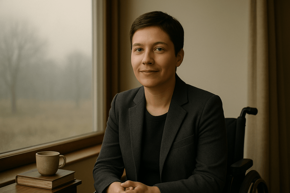 A young androgynous person with short dark hair sits in a wheelchair by a window, softly smiling with calm acceptance. Dressed in a dark blazer and black top, they are surrounded by warm natural light and a misty landscape outside, evoking a quiet sense of peace amid uncertainty. A young androgynous person with short dark hair sits in a wheelchair by a window, softly smiling with calm acceptance. Dressed in a dark blazer and black top, they are surrounded by warm natural light and a misty landscape outside, evoking a quiet sense of peace amid uncertainty.