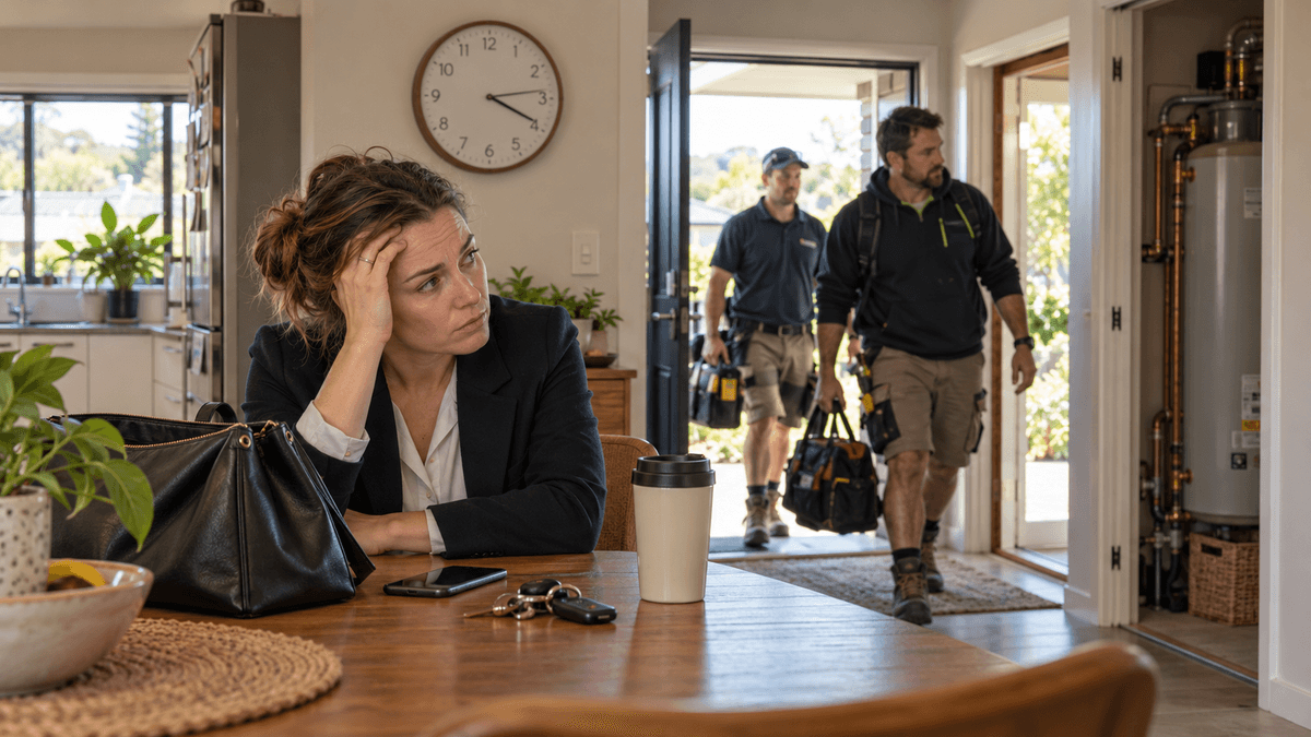 Alt text: A frustrated woman sits at her kitchen table with her phone, keys and work bag as two tradespeople arrive carrying tools. AI-generated illustration of a service delay. Alt text: A frustrated woman sits at her kitchen table with her phone, keys and work bag as two tradespeople arrive carrying tools. AI-generated illustration of a service delay.