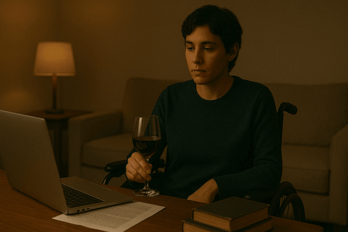 An androgynous individual with medium brown skin sits in a wheelchair, holding a glass of red wine at a wooden table. A laptop, papers, and books are in front of them, softly illuminated by warm lamplight in a calm, reflective living room scene. An androgynous individual with medium brown skin sits in a wheelchair, holding a glass of red wine at a wooden table. A laptop, papers, and books are in front of them, softly illuminated by warm lamplight in a calm, reflective living room scene.