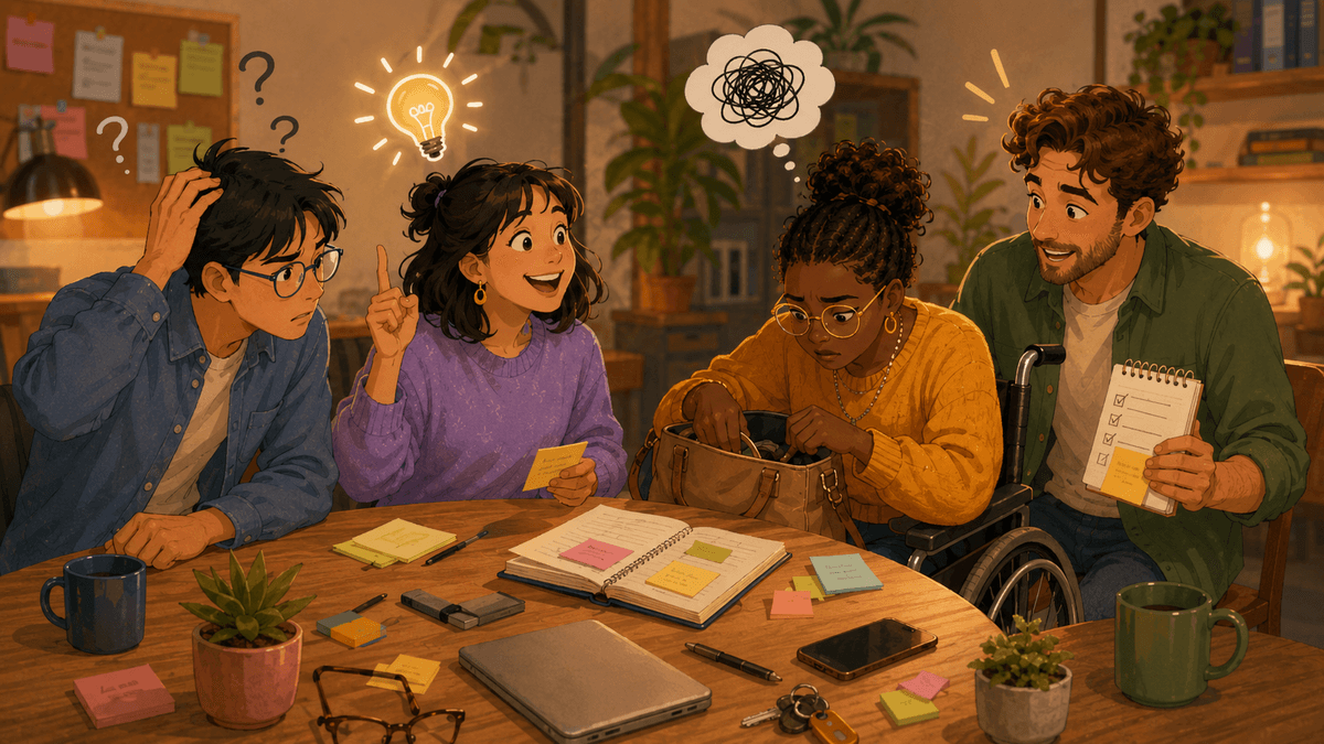 A warm illustrated 16:9 scene of four diverse adults around a meeting table in a cosy office. One person uses a wheelchair and searches through a bag while others look puzzled, have an “aha” moment, and hold up a checklist. Sticky notes, keys, glasses, mugs, notebooks, plants, question marks and a lightbulb symbol show the humour of forgetting and remembering together. A warm illustrated 16:9 scene of four diverse adults around a meeting table in a cosy office. One person uses a wheelchair and searches through a bag while others look puzzled, have an “aha” moment, and hold up a checklist. Sticky notes, keys, glasses, mugs, notebooks, plants, question marks and a lightbulb symbol show the humour of forgetting and remembering together.