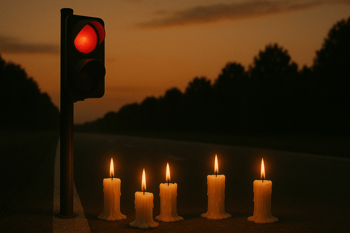 A surreal dusk scene shows a red traffic light glowing on the side of an empty road, its light reflecting faintly on the asphalt. In front of it, five melting candles burn with soft orange flames, their warm glow contrasting with the fading sunlight. The horizon glows gold and deep amber, blurring into silhouettes of trees, creating an atmosphere that feels both still and anticipatory — a quiet metaphor for hesitation before movement. A surreal dusk scene shows a red traffic light glowing on the side of an empty road, its light reflecting faintly on the asphalt. In front of it, five melting candles burn with soft orange flames, their warm glow contrasting with the fading sunlight. The horizon glows gold and deep amber, blurring into silhouettes of trees, creating an atmosphere that feels both still and anticipatory — a quiet metaphor for hesitation before movement.