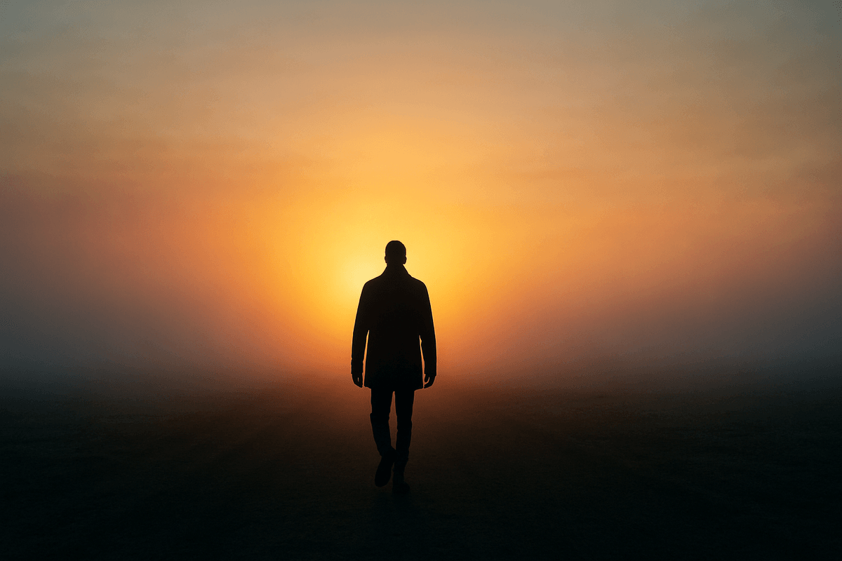 Silhouetted figure walking into a glowing, misty horizon at sunrise, symbolising both a beginning and an end. Silhouetted figure walking into a glowing, misty horizon at sunrise, symbolising both a beginning and an end.