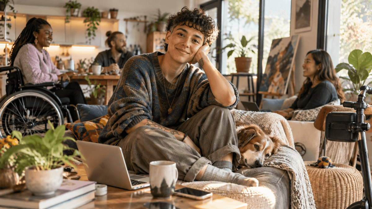 An androgynous person sitting comfortably in a bright, welcoming contemporary space. Their appearance subtly blends traditionally masculine and feminine cues without exaggeration. Around them, diverse people, accessible design, technology, plants, light and everyday objects coexist naturally. Nothing screams “disability”, “gender” or “diversity”; instead, the whole environment simply seems to fit the person. Warm, human, slightly playful and optimistic rather than corporate or activist. An androgynous person sitting comfortably in a bright, welcoming contemporary space. Their appearance subtly blends traditionally masculine and feminine cues without exaggeration. Around them, diverse people, accessible design, technology, plants, light and everyday objects coexist naturally. Nothing screams “disability”, “gender” or “diversity”; instead, the whole environment simply seems to fit the person. Warm, human, slightly playful and optimistic rather than corporate or activist.