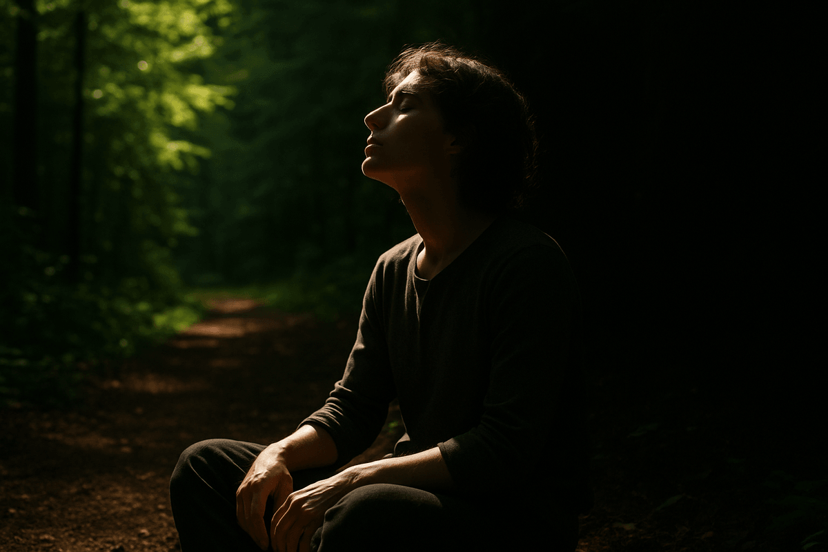 An androgynous person sits at the border of shadow and sunlight in a forest, symbolising the integration of decay, growth, and light within personal transformation. Ask ChatGPT An androgynous person sits at the border of shadow and sunlight in a forest, symbolising the integration of decay, growth, and light within personal transformation. Ask ChatGPT