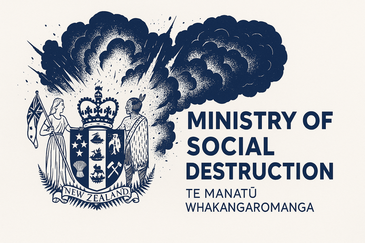 Logo reading "MINISTRY OF SOCIAL DESTRUCTION" with Māori translation "TE MANATŪ WHAKANGAROMANGA." To the left, the New Zealand coat of arms appears to be exploding, with clouds and debris bursting outward in dark blue on a light background. Logo reading "MINISTRY OF SOCIAL DESTRUCTION" with Māori translation "TE MANATŪ WHAKANGAROMANGA." To the left, the New Zealand coat of arms appears to be exploding, with clouds and debris bursting outward in dark blue on a light background.