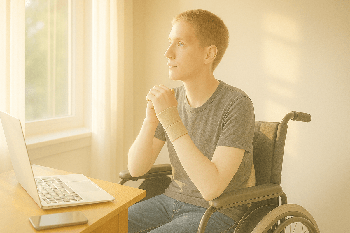 A person with a wrist splint sits in a wheelchair, at a desk with a laptop, in soft natural light by a window. They look peacefully out the sunlit window — a calm moment amid life’s chaos. A person with a wrist splint sits in a wheelchair, at a desk with a laptop, in soft natural light by a window. They look peacefully out the sunlit window — a calm moment amid life’s chaos.