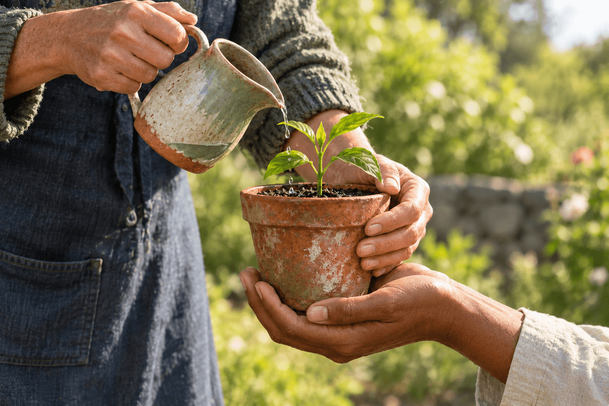 One person waters a young plant in a terracotta pot while another supports the pot from beneath, against a softly blurred garden background. AI-generated image in a photographic style. One person waters a young plant in a terracotta pot while another supports the pot from beneath, against a softly blurred garden background. AI-generated image in a photographic style.
