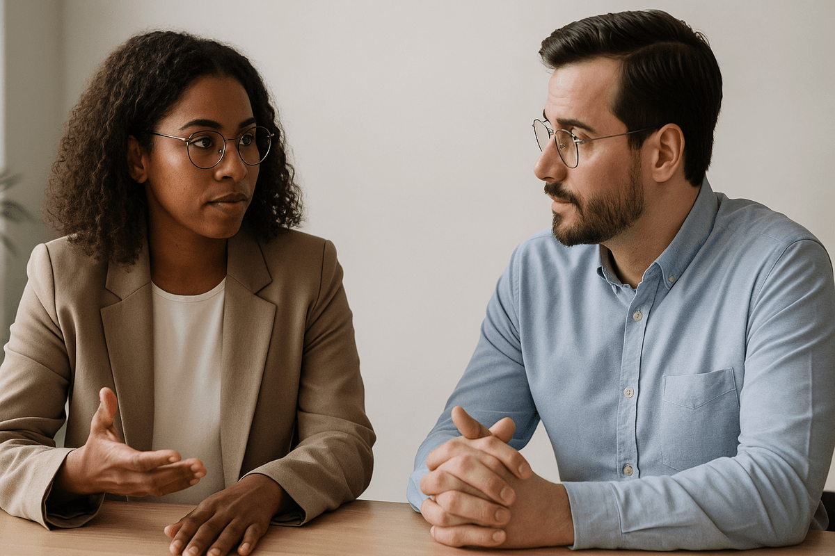 **Alt text:** Two colleagues sit at a light wooden table in a bright, modern office, having a calm and constructive conversation. One is a woman with dark skin wearing a beige blazer and glasses; the other is a man with light skin in a blue shirt. Both appear engaged and respectful, reflecting a positive workplace discussion. **Alt text:** Two colleagues sit at a light wooden table in a bright, modern office, having a calm and constructive conversation. One is a woman with dark skin wearing a beige blazer and glasses; the other is a man with light skin in a blue shirt. Both appear engaged and respectful, reflecting a positive workplace discussion.