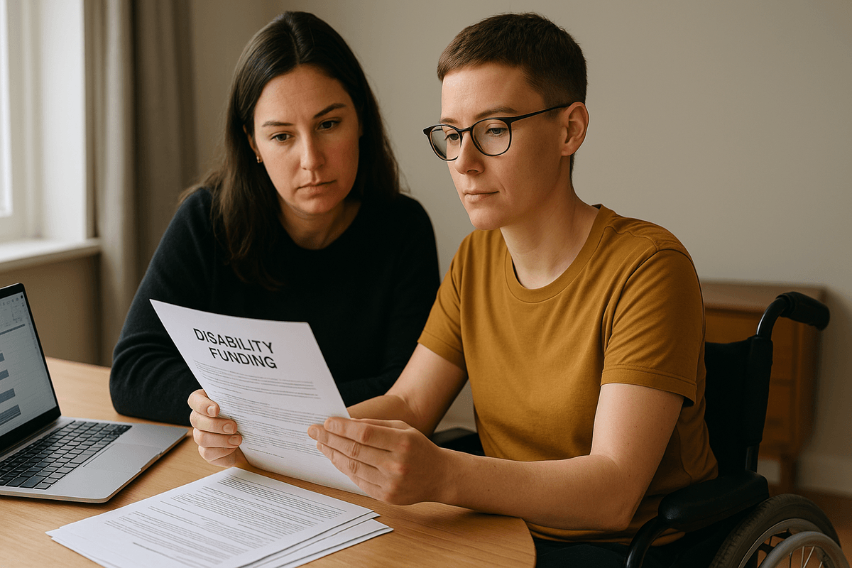 Wheelchair user wearing glasses and a mustard T-shirt reviews disability funding documents with a support person at a desk, both focused and serious, with a laptop open beside them in natural light Wheelchair user wearing glasses and a mustard T-shirt reviews disability funding documents with a support person at a desk, both focused and serious, with a laptop open beside them in natural light