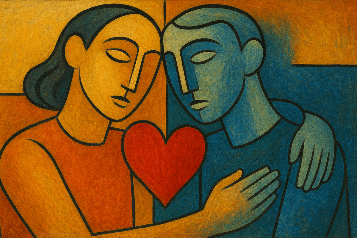 A Picasso-like cubist painting in 16:9 format showing two androgynous figures in an intimate embrace. One is painted in warm orange tones, the other in cool blue, with their faces touching and a bright red heart floating between them. Their abstract, geometric features blur gender, suggesting love, projection, and reflection. A Picasso-like cubist painting in 16:9 format showing two androgynous figures in an intimate embrace. One is painted in warm orange tones, the other in cool blue, with their faces touching and a bright red heart floating between them. Their abstract, geometric features blur gender, suggesting love, projection, and reflection.