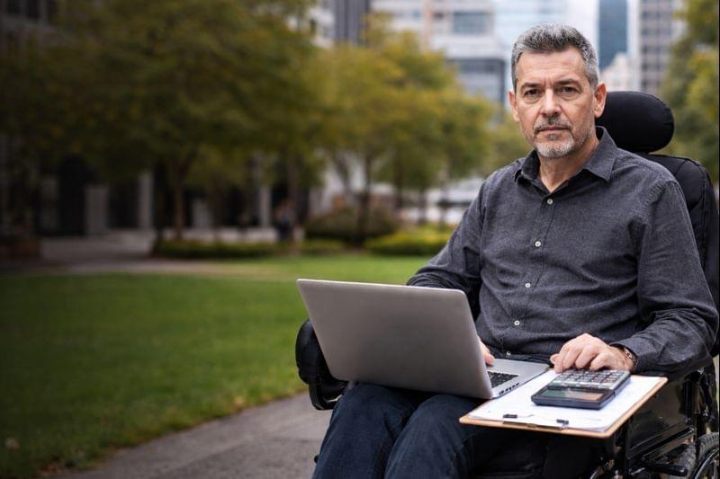 A man sits in a powered wheelchair in a city park, working on a laptop with payroll paperwork and a calculator on his lap, facing the camera. A man sits in a powered wheelchair in a city park, working on a laptop with payroll paperwork and a calculator on his lap, facing the camera.