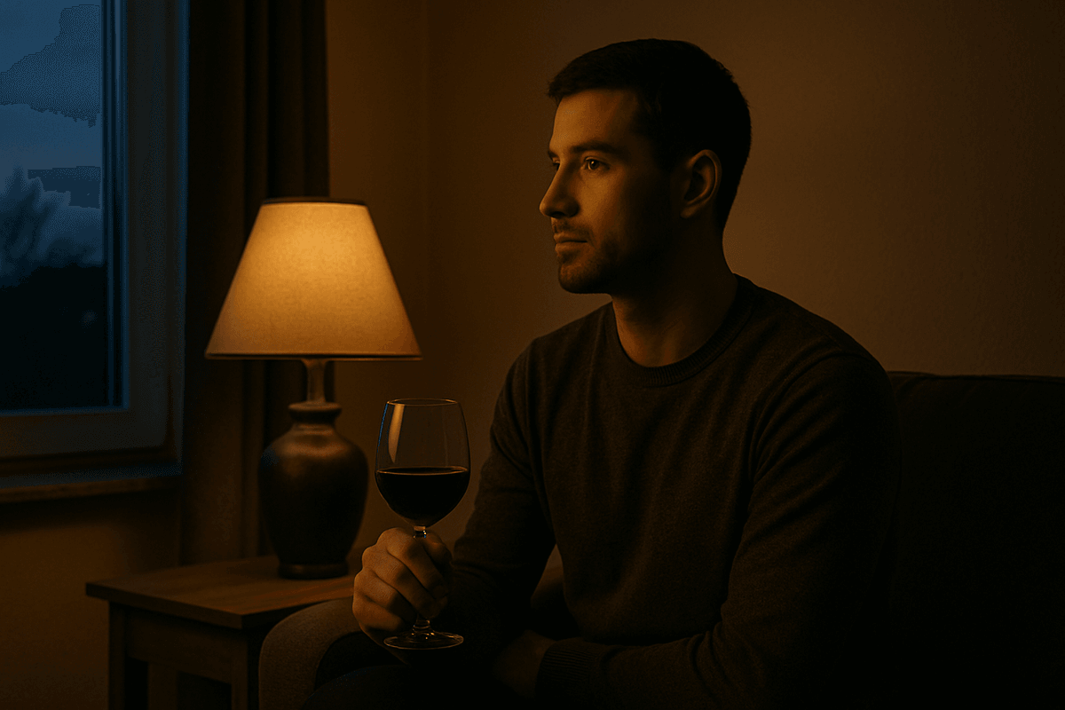 A young man with an androgynous appearance sits in a softly lit living room at dusk, holding a glass of red wine and gazing thoughtfully out of a nearby window. A young man with an androgynous appearance sits in a softly lit living room at dusk, holding a glass of red wine and gazing thoughtfully out of a nearby window.