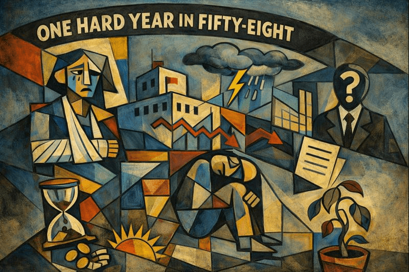 Abstract Cubist-style artwork in a 16:9 format showing fragmented figures and symbols of hardship: an injured person with a bandaged arm, storm clouds over institutional buildings, a downward graph, an hourglass spilling coins, and a small plant beginning to grow. The composition conveys endurance, systemic pressure, and recovery over time. Abstract Cubist-style artwork in a 16:9 format showing fragmented figures and symbols of hardship: an injured person with a bandaged arm, storm clouds over institutional buildings, a downward graph, an hourglass spilling coins, and a small plant beginning to grow. The composition conveys endurance, systemic pressure, and recovery over time.