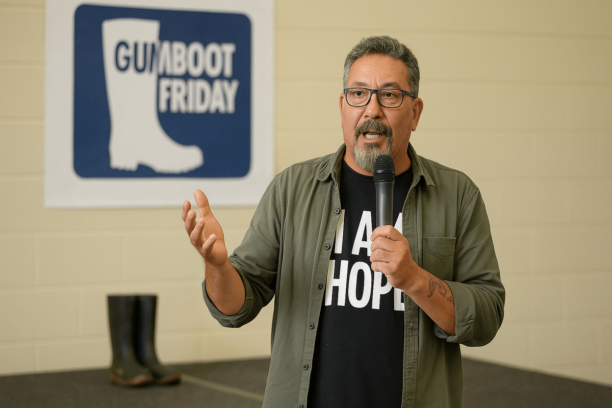Mike King, a middle-aged Māori man with short salt-and-pepper hair, glasses, and a beard, speaks into a microphone at a Gumboot Friday event. He wears a black "I AM HOPE" T-shirt under an olive shirt and gestures expressively. Behind him is a large Gumboot Friday poster and a pair of black gumboots on the floor. Mike King, a middle-aged Māori man with short salt-and-pepper hair, glasses, and a beard, speaks into a microphone at a Gumboot Friday event. He wears a black "I AM HOPE" T-shirt under an olive shirt and gestures expressively. Behind him is a large Gumboot Friday poster and a pair of black gumboots on the floor.