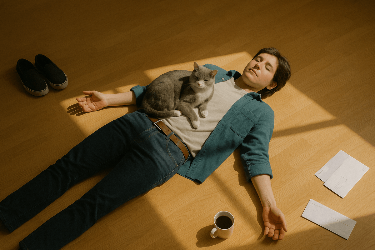 A person lying flat on their back in a patch of sun on the floor, still in their day clothes, one shoe on, one off. Around them are the chaotic signs of life: coffee cup, unopened mail, cat on their chest. The expression? Somewhere between “defeated” and “don’t even think about talking to me.” Alt text: A person in everyday clothes lying on the floor in a sunbeam, one shoe on, one off. Their eyes are closed as a cat lies on their chest, surrounded by everyday clutter like mail, coffee, and shoes—visibly in a moment of “I’ve had enough. A person lying flat on their back in a patch of sun on the floor, still in their day clothes, one shoe on, one off. Around them are the chaotic signs of life: coffee cup, unopened mail, cat on their chest. The expression? Somewhere between “defeated” and “don’t even think about talking to me.” Alt text: A person in everyday clothes lying on the floor in a sunbeam, one shoe on, one off. Their eyes are closed as a cat lies on their chest, surrounded by everyday clutter like mail, coffee, and shoes—visibly in a moment of “I’ve had enough.