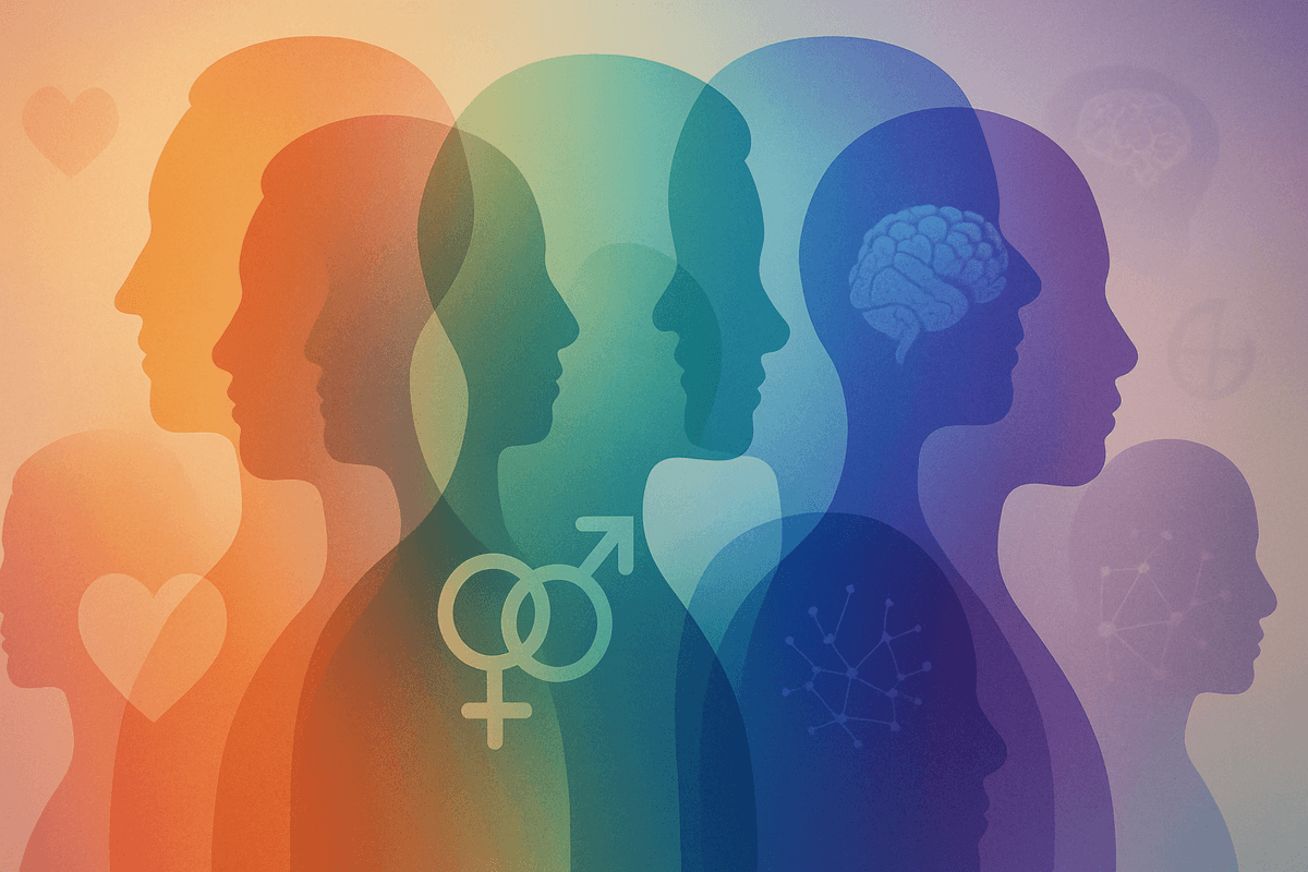 Abstract image of overlapping translucent human silhouettes in varied colours, representing evolving identity, neurodivergence, gender fluidity, and emotional complexity. Background includes soft symbols of love, brainwaves, and diversity. Abstract image of overlapping translucent human silhouettes in varied colours, representing evolving identity, neurodivergence, gender fluidity, and emotional complexity. Background includes soft symbols of love, brainwaves, and diversity.