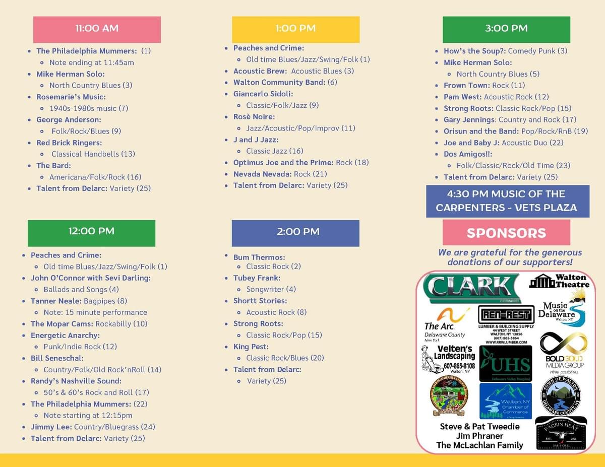 A colorful event schedule chart outlines performance times and artists for a music festival, divided into six time blocks from 11:00 AM to 4:30 PM, each with distinct background colors. The chart includes artist names, genres, notes on special performances, and a sponsor section with logos and acknowledgments at the bottom right. A colorful event schedule chart outlines performance times and artists for a music festival, divided into six time blocks from 11:00 AM to 4:30 PM, each with distinct background colors. The chart includes artist names, genres, notes on special performances, and a sponsor section with logos and acknowledgments at the bottom right.