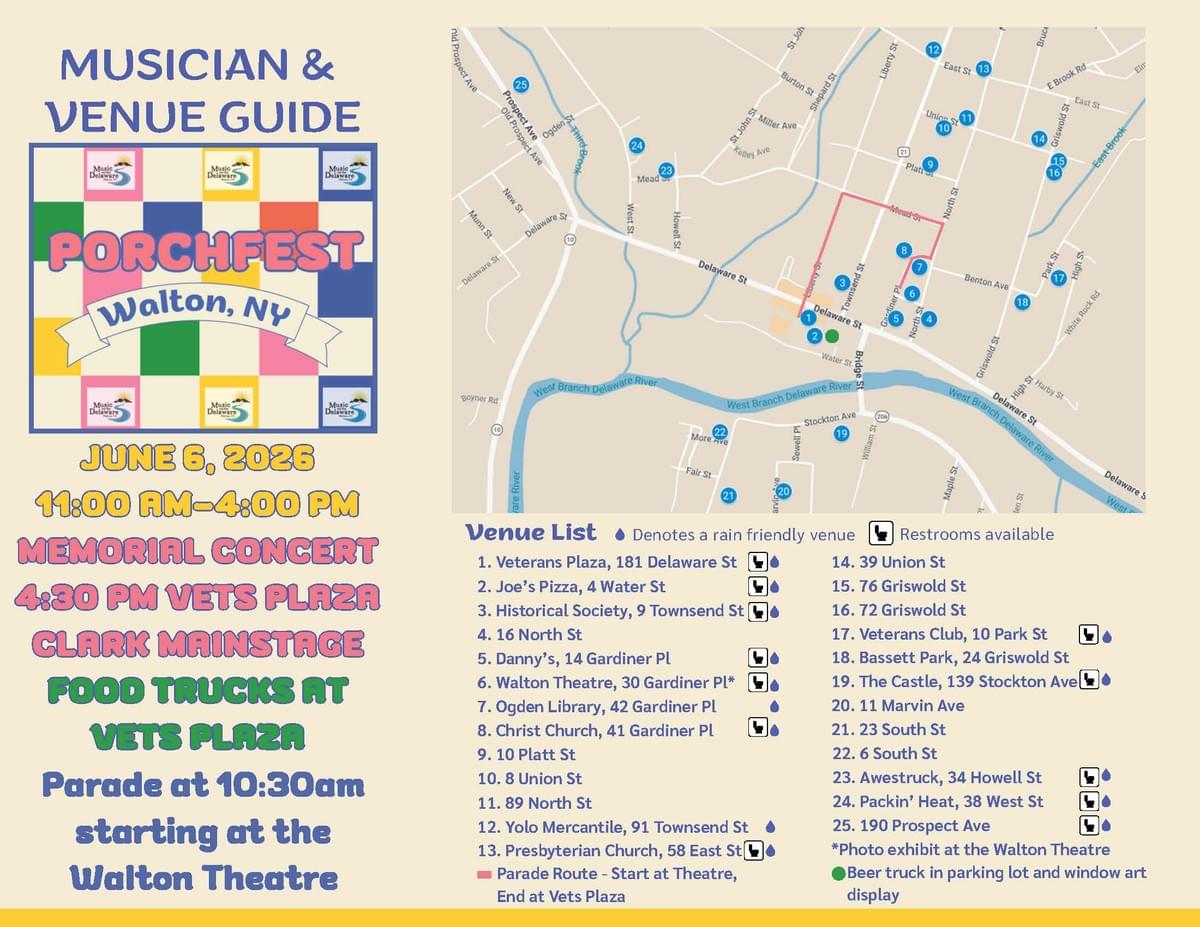 Map and event guide for Porchfest in Walton, NY, showing venue locations for June 6, 2026, from 11:00 AM to 4:00 PM with a parade starting at 10:30 AM at Walton Theatre. Map includes numbered venue list with symbols for rain-friendly venues and restrooms, highlighting Memorial Concert at 4:30 PM at Vets Plaza and food trucks at Clark Mainstage. Map and event guide for Porchfest in Walton, NY, showing venue locations for June 6, 2026, from 11:00 AM to 4:00 PM with a parade starting at 10:30 AM at Walton Theatre. Map includes numbered venue list with symbols for rain-friendly venues and restrooms, highlighting Memorial Concert at 4:30 PM at Vets Plaza and food trucks at Clark Mainstage.
