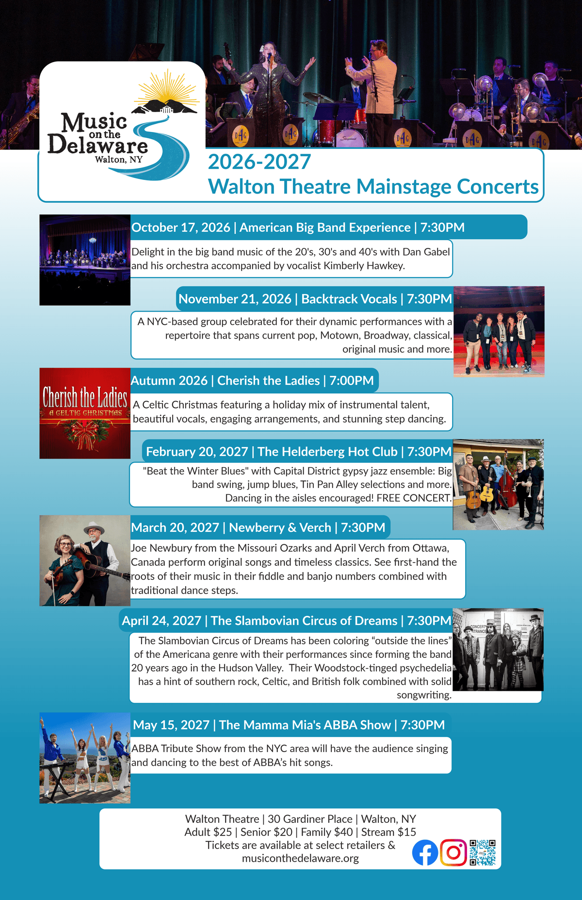 A concert schedule flyer for Walton Theatre Mainstage Concerts during 2026-2027, listing seven events with dates, times, and brief descriptions of each performance. The flyer features a header with a band photo, event details in blue and red text boxes, and ticket information at the bottom, highlighting diverse music genres and free admission for the February 20 event. A concert schedule flyer for Walton Theatre Mainstage Concerts during 2026-2027, listing seven events with dates, times, and brief descriptions of each performance. The flyer features a header with a band photo, event details in blue and red text boxes, and ticket information at the bottom, highlighting diverse music genres and free admission for the February 20 event.