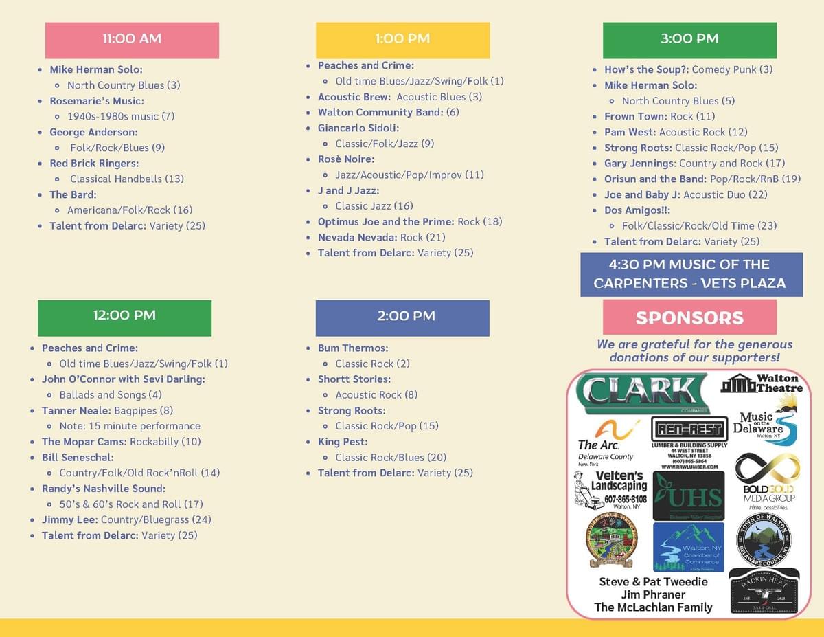 A colorful event schedule chart outlines performance times and artists for a music festival, divided into six time blocks from 11:00 AM to 4:30 PM, each with distinct background colors. The chart includes artist names, genres, notes on special performances, and a sponsor section with logos and acknowledgments at the bottom right. A colorful event schedule chart outlines performance times and artists for a music festival, divided into six time blocks from 11:00 AM to 4:30 PM, each with distinct background colors. The chart includes artist names, genres, notes on special performances, and a sponsor section with logos and acknowledgments at the bottom right.
