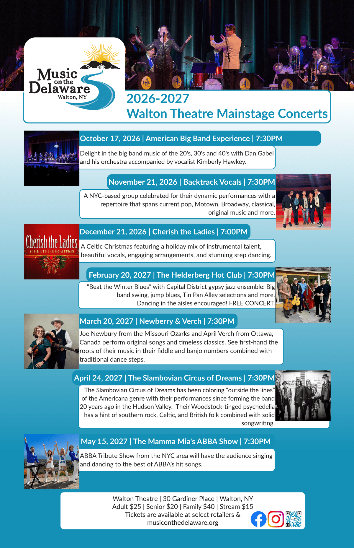 A concert schedule flyer for Walton Theatre Mainstage Concerts during 2026-2027, listing seven events with dates, times, and brief descriptions of each performance. The flyer features a header with a band photo, event details in blue and red text boxes, and ticket information at the bottom, highlighting diverse music genres and free admission for the February 20 event. A concert schedule flyer for Walton Theatre Mainstage Concerts during 2026-2027, listing seven events with dates, times, and brief descriptions of each performance. The flyer features a header with a band photo, event details in blue and red text boxes, and ticket information at the bottom, highlighting diverse music genres and free admission for the February 20 event.