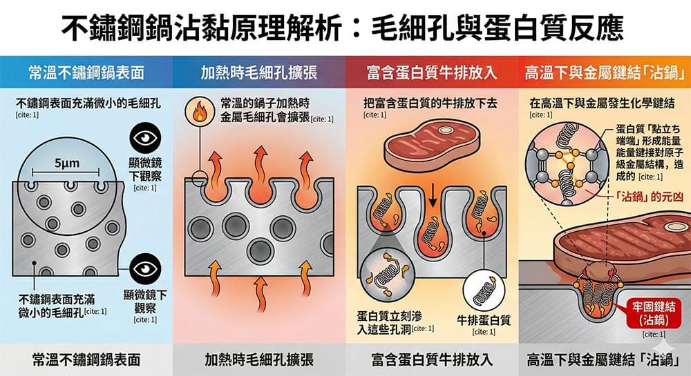 為什麼不鏽鋼鍋會沾黏?(毛細孔與蛋白質反應) 為什麼不鏽鋼鍋會沾黏?(毛細孔與蛋白質反應)