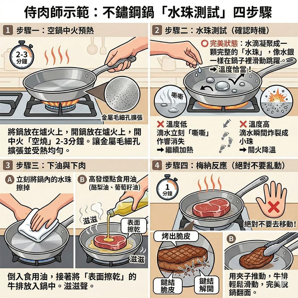 侍肉師示範:不鏽鋼鍋「水珠測試」四步驟 侍肉師示範:不鏽鋼鍋「水珠測試」四步驟